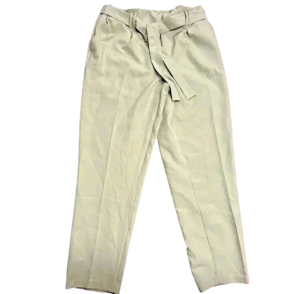 Elegant High-Waisted Sage Green Pleated Trousers with Belt Detail F42